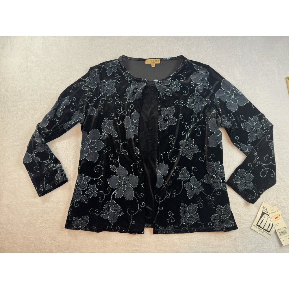 Notations Women's Size 1X Glitter Floral Velvet‎ Cardigan Blouse Black Blue